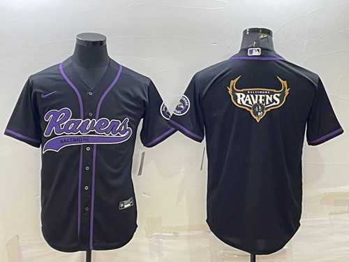 Men%27s Baltimore Ravens Black Team Big Logo With Patch Cool Base Stitched Baseball Jersey